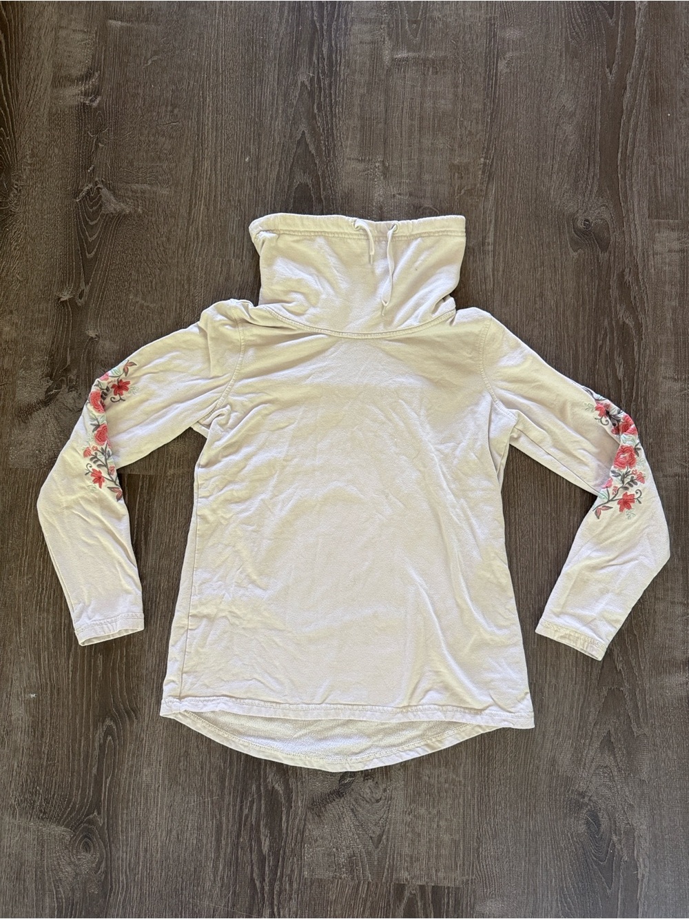 Beige Cowl Scoop Neck light  Sweatshirt with Rose Sleeve Embroidery